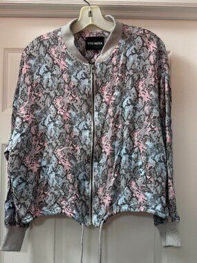 Steve Madden Lightweight pink blue grey snake pattern bomber jacket size Large